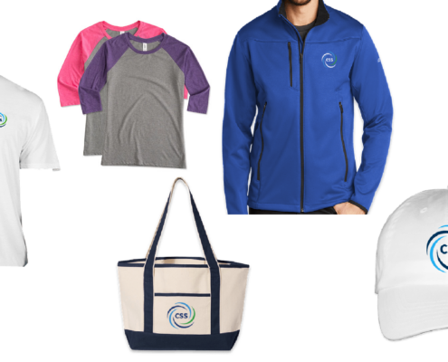 Shirts, jacket, bag and hat with the CSS logo