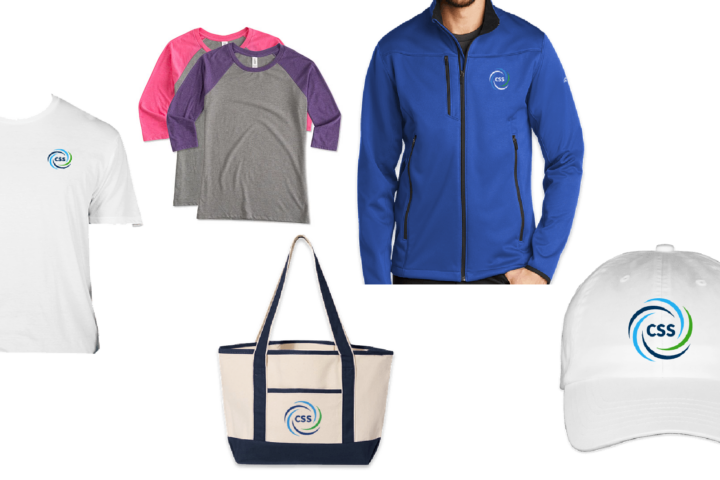 Shirts, jacket, bag and hat with the CSS logo